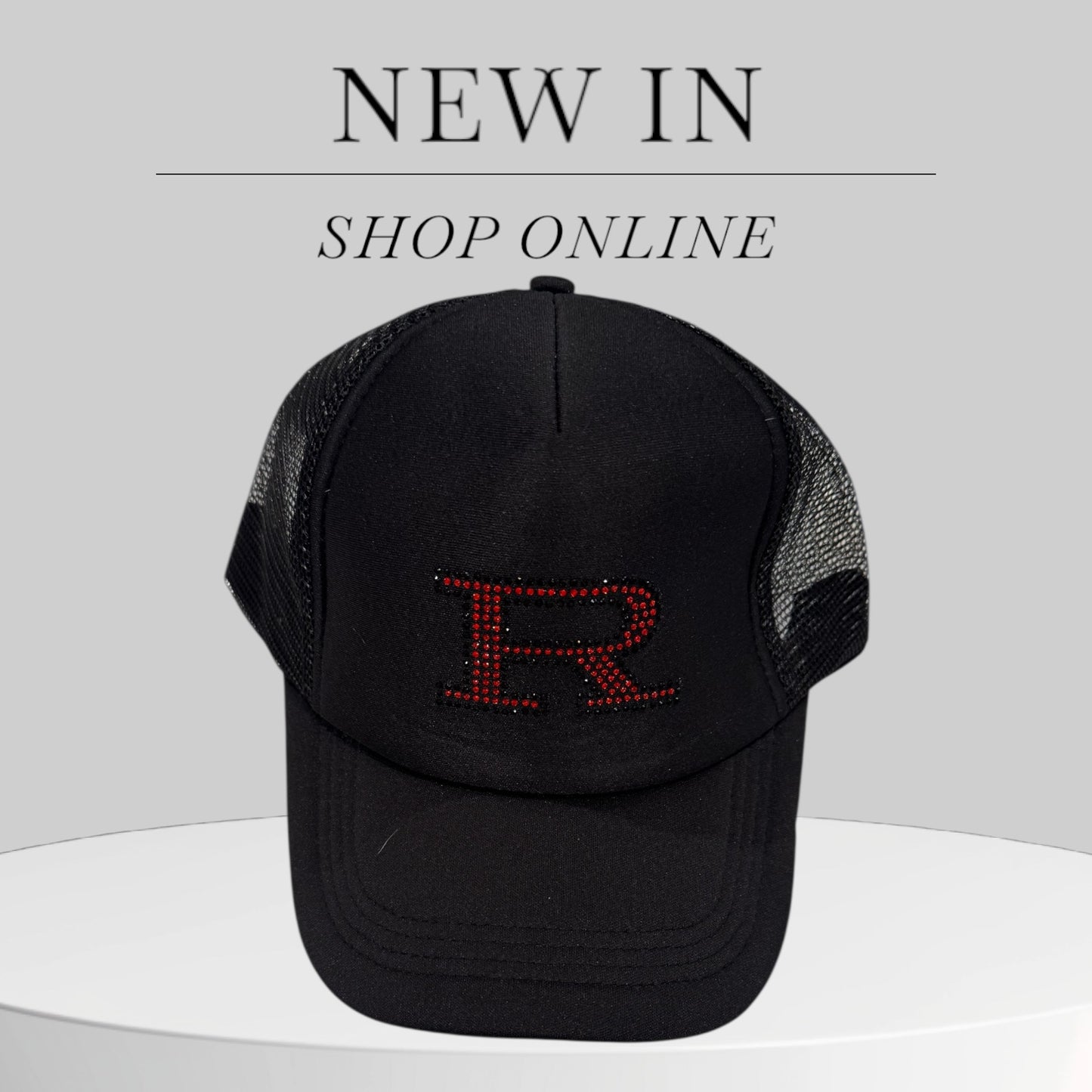 Black Trucker Hat with Bling Red R