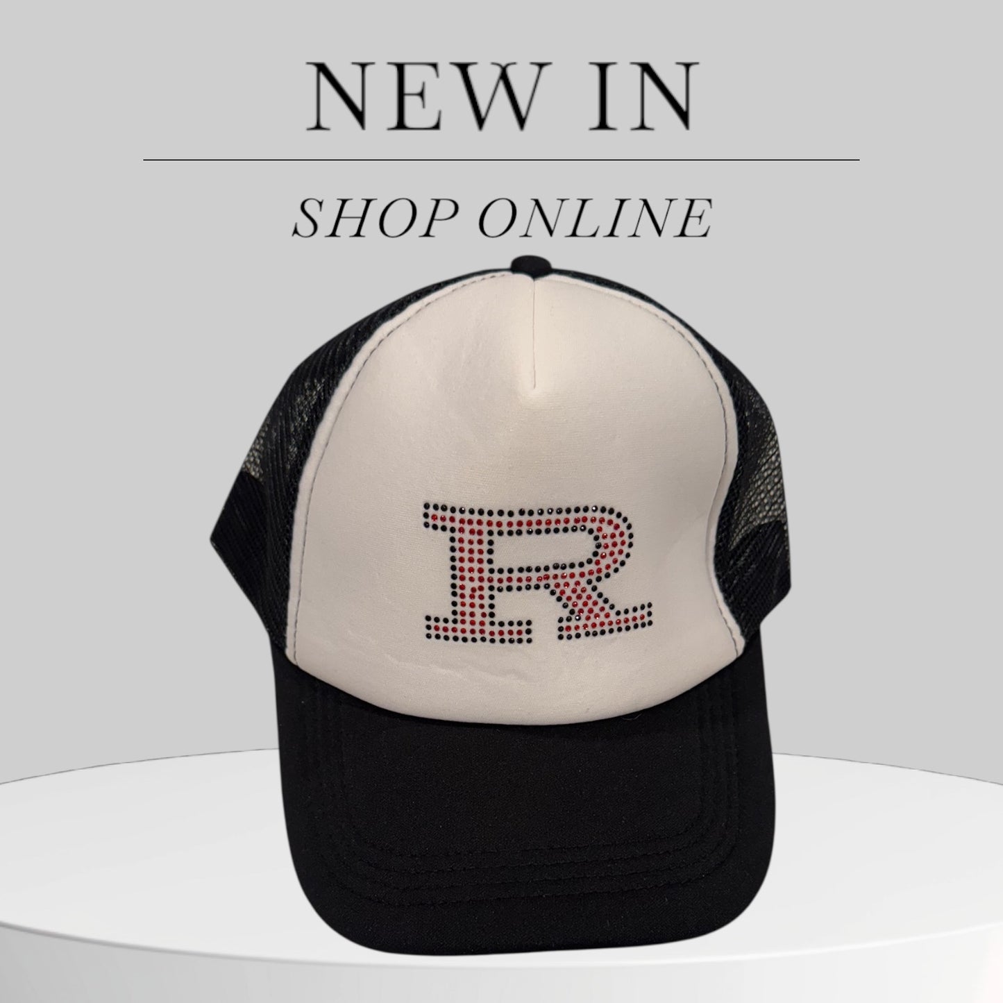 White Trucker Hat with Bling Red R