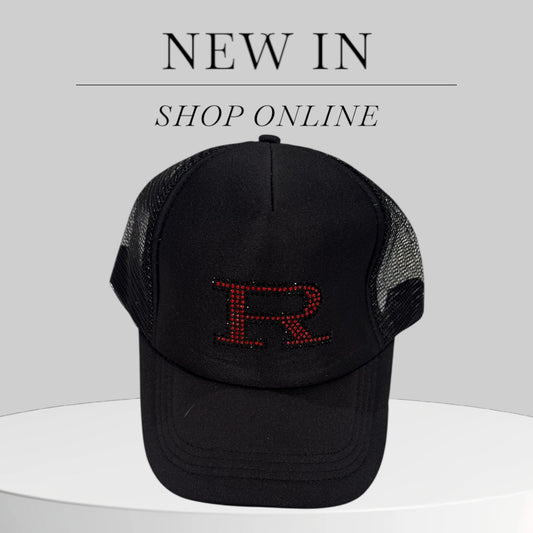 Black Trucker Hat with Bling Red R