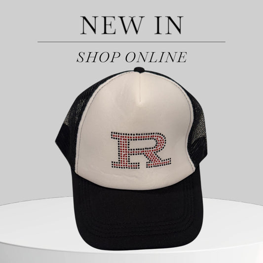 White Trucker Hat with Bling Red R